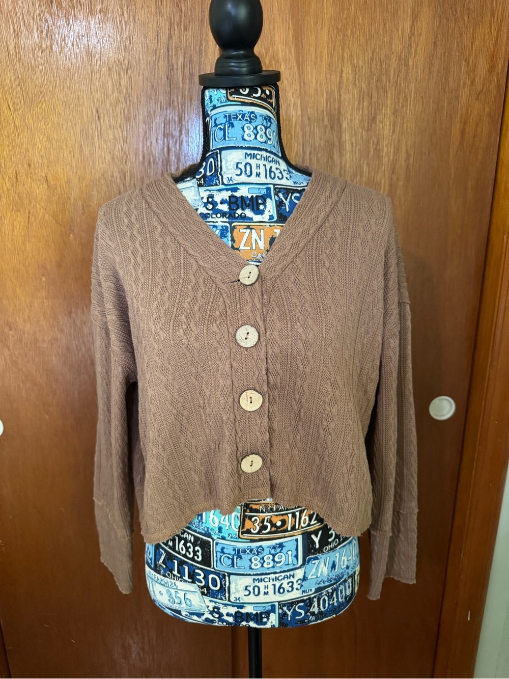 Altar'd State Cropped Cable-Knit Cardigan - Brown